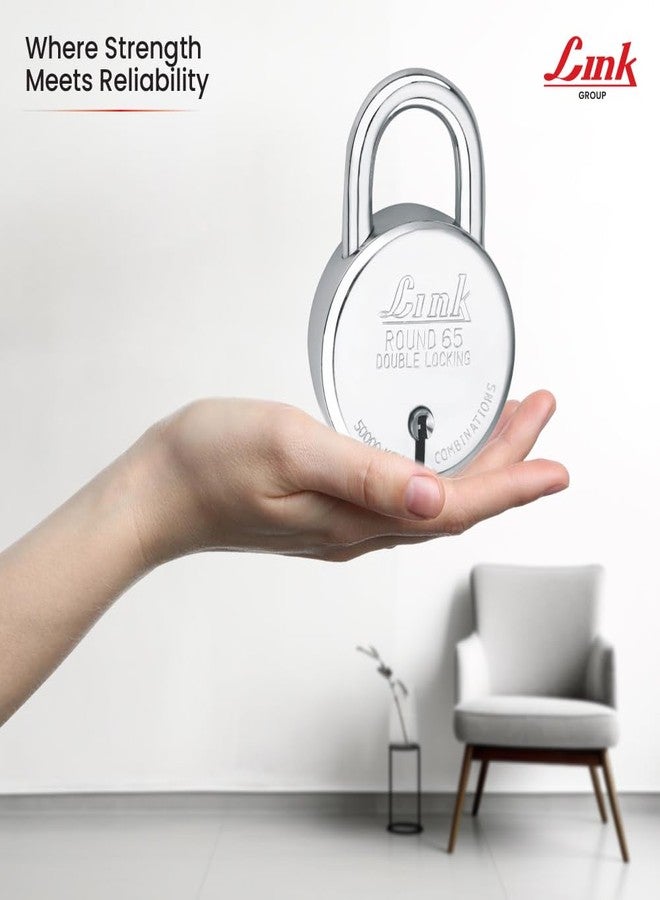 Link New Round 65mm Stainless Steel Padlock with Double Locking Shackle - 3 CNC Milled Keys, 50,000 Key Combinations, Rivetless Body, Pack of 1 - Image 5